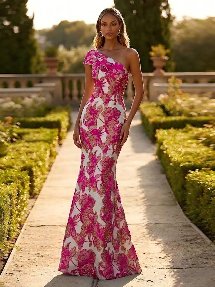 One Shoulder Jacquard Mermaid Floral Pleats Evening Dresses