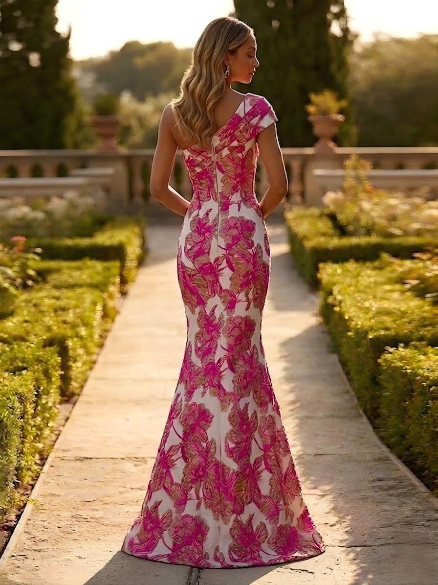 One Shoulder Jacquard Mermaid Floral Pleats Evening Dresses