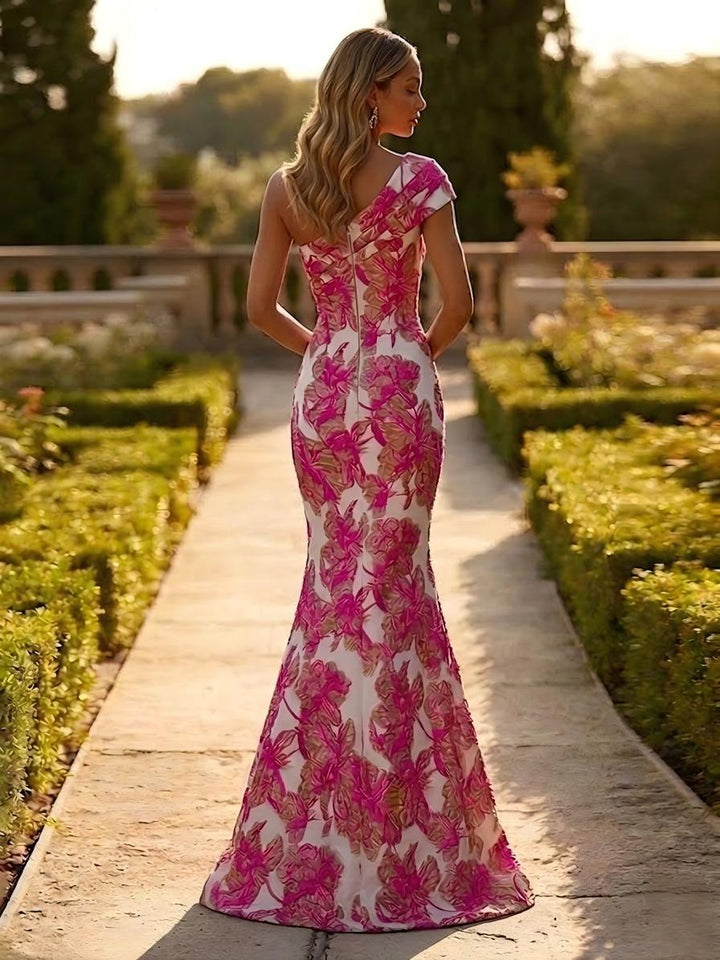 One Shoulder Jacquard Mermaid Floral Pleats Evening Dresses