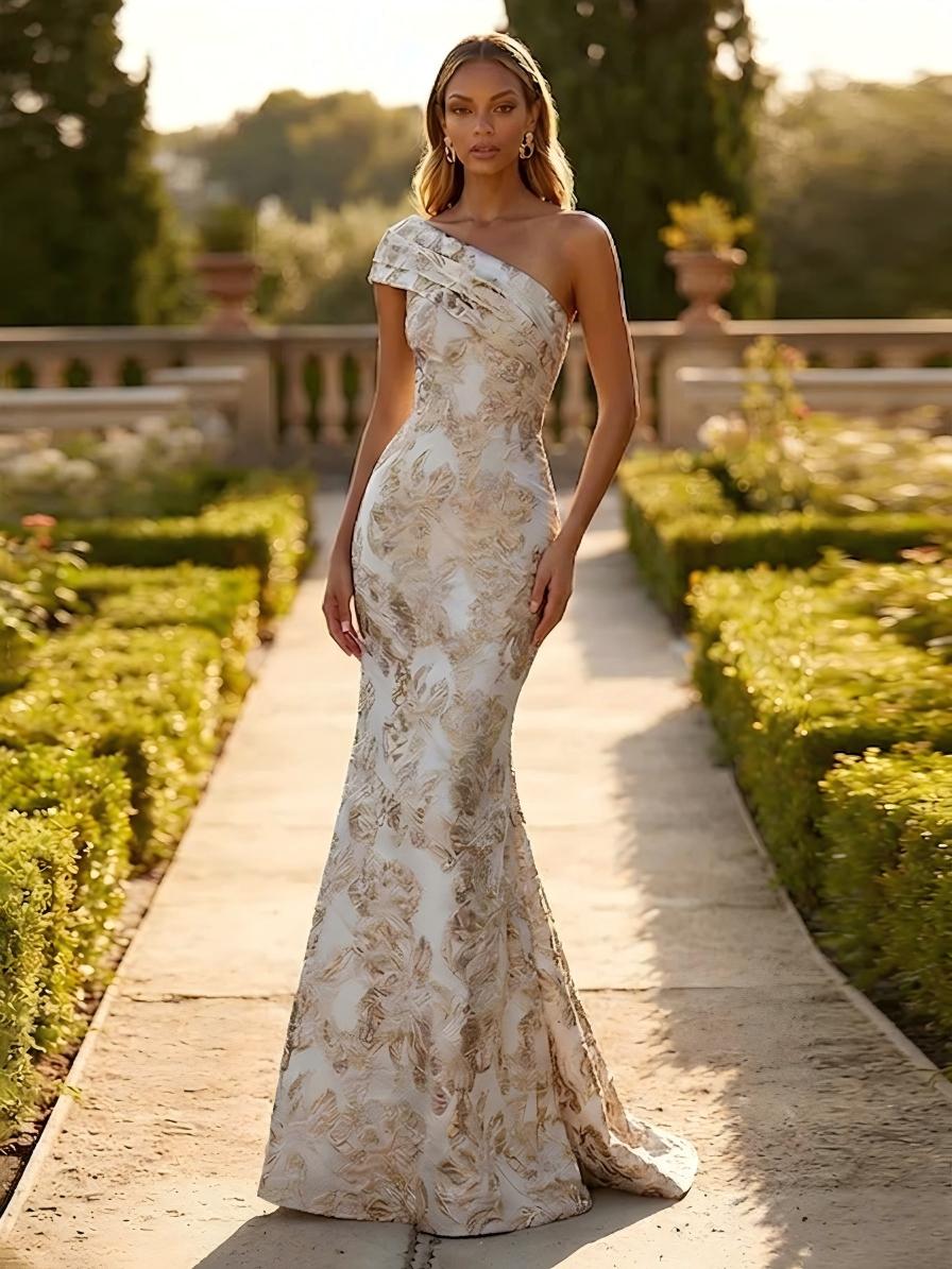 One Shoulder Jacquard Mermaid Floral Pleats Evening Dresses