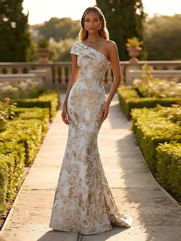 One Shoulder Jacquard Mermaid Floral Pleats Evening Dresses
