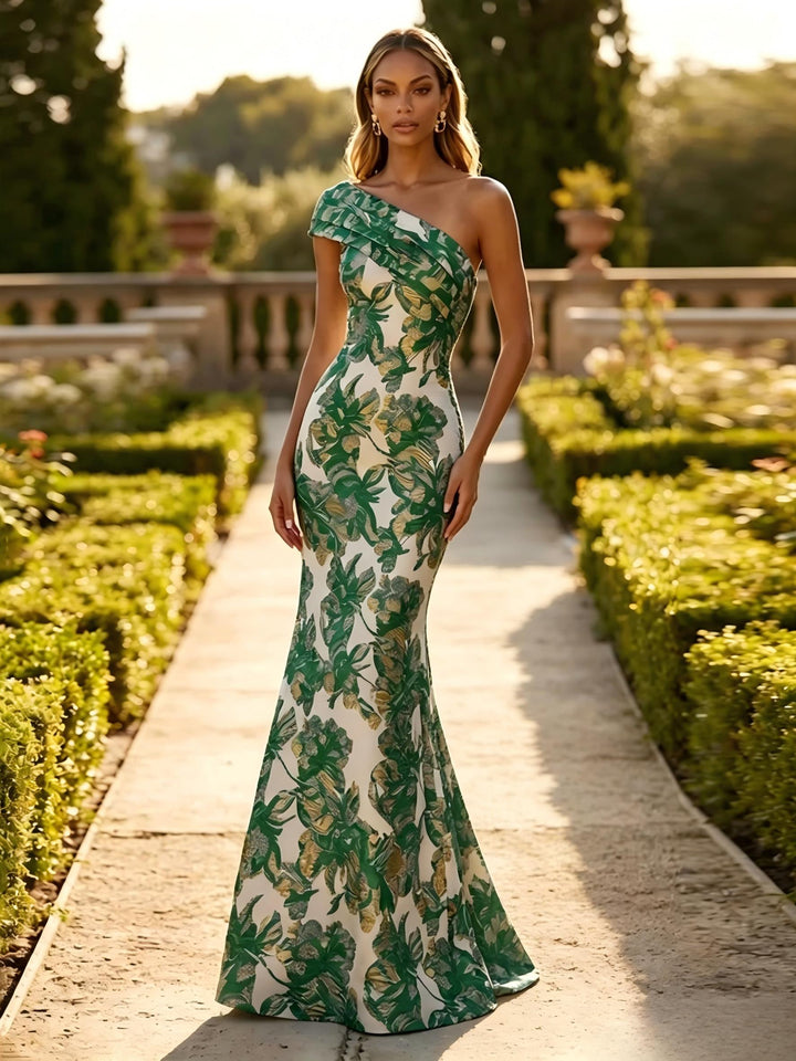 One Shoulder Jacquard Mermaid Floral Pleats Evening Dresses