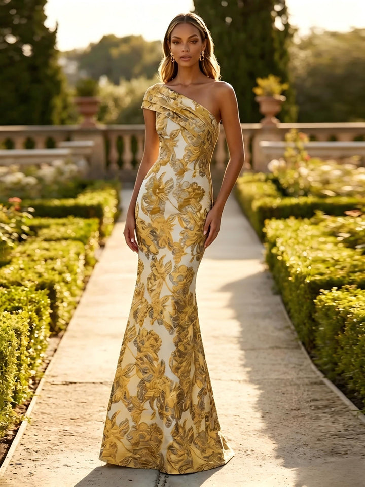 One Shoulder Jacquard Mermaid Floral Pleats Evening Dresses