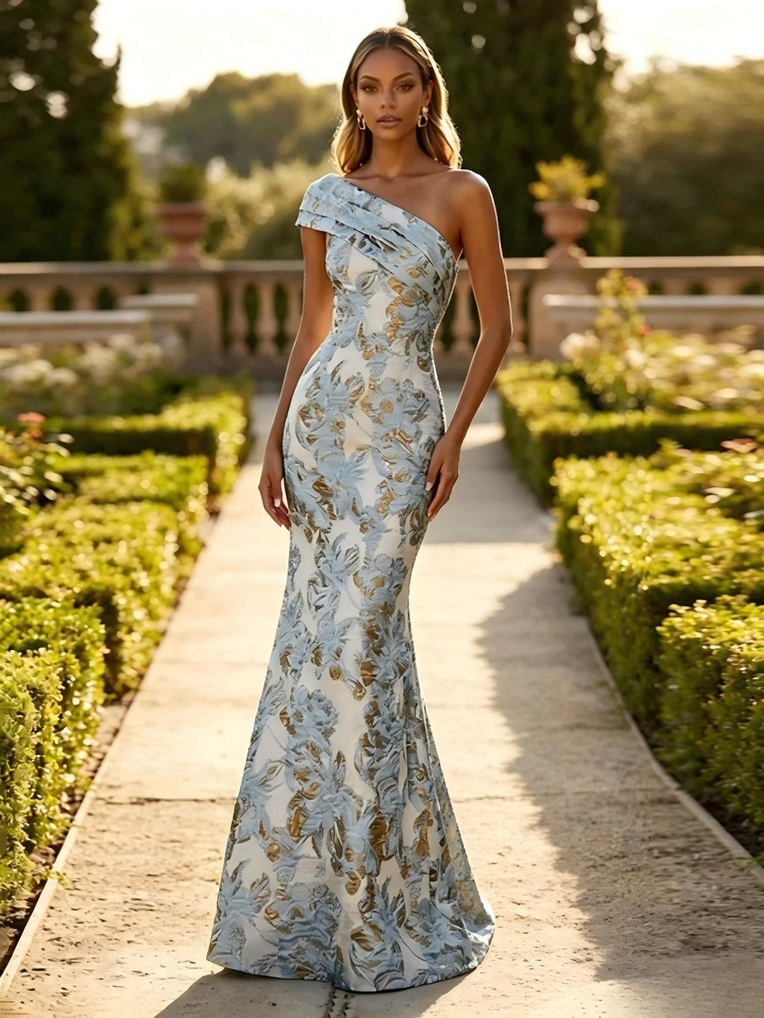 One Shoulder Jacquard Mermaid Floral Pleats Evening Dresses