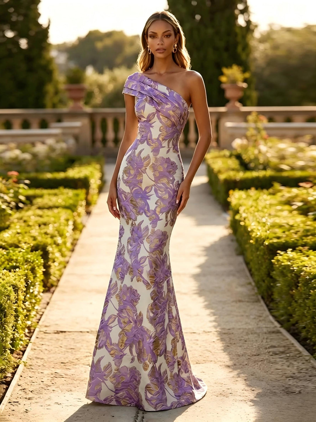 One Shoulder Jacquard Mermaid Floral Pleats Evening Dresses