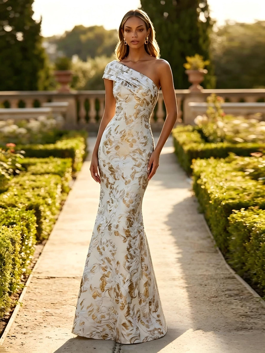 One Shoulder Jacquard Mermaid Floral Pleats Evening Dresses