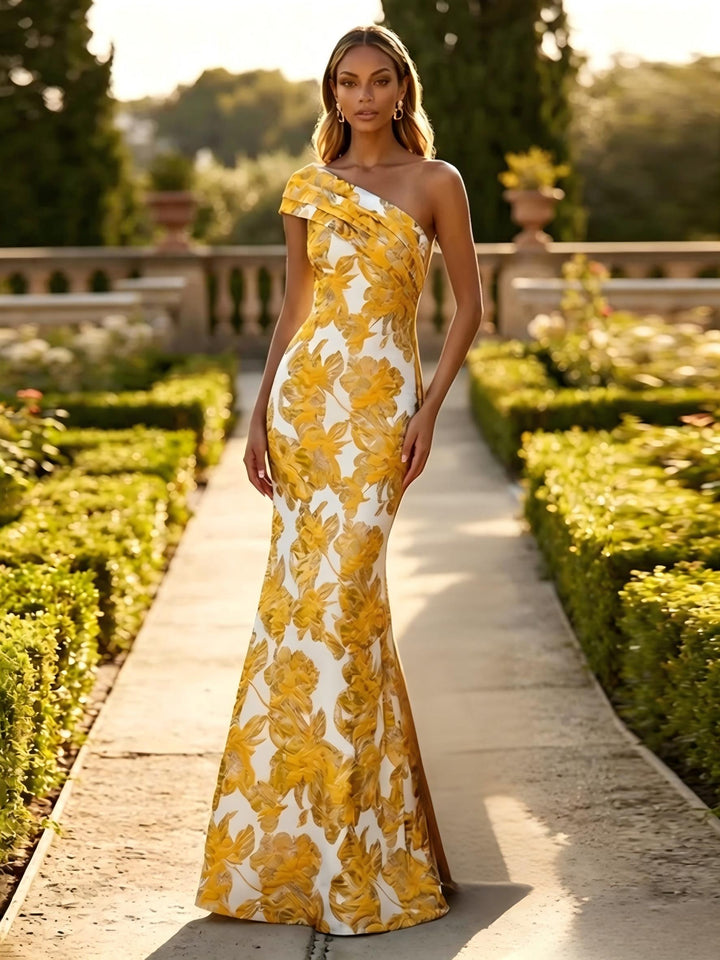 One Shoulder Jacquard Mermaid Floral Pleats Evening Dresses