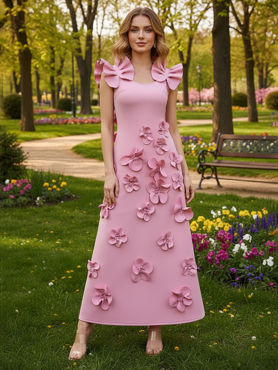 Satin A Line Scoop Neck 3D Flowers Ruffles Formal Dresses