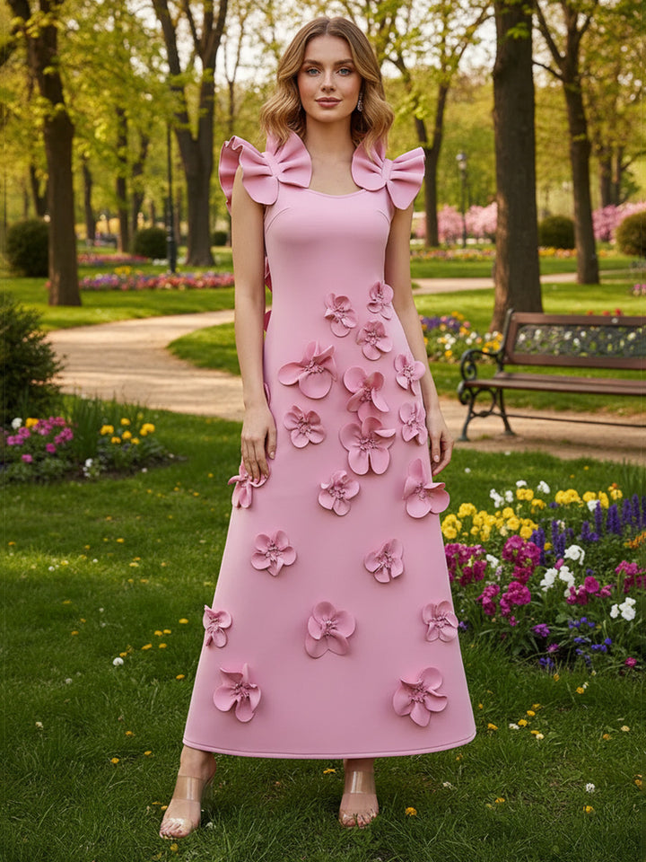Satin A Line Scoop Neck 3D Flowers Ruffles Formal Dresses