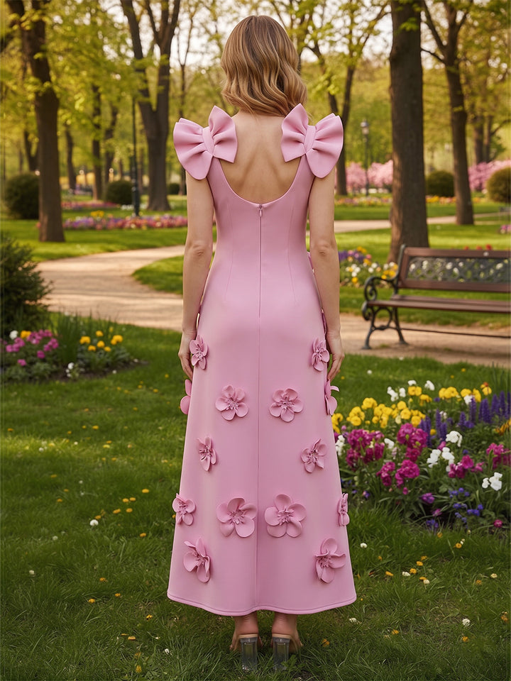 Satin A Line Scoop Neck 3D Flowers Ruffles Formal Dresses