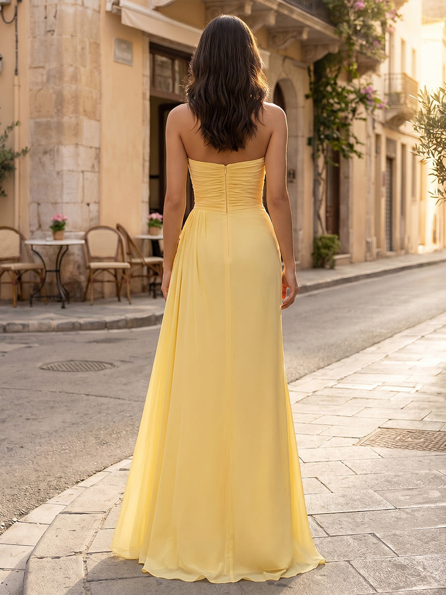Chiffon Sheath Strapless Slit Pleats Formal Dresses