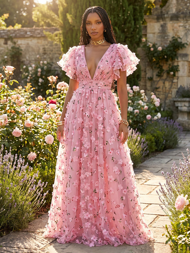 Tulle A Line V Neck Pleats 3D Flowers Formal Dresses