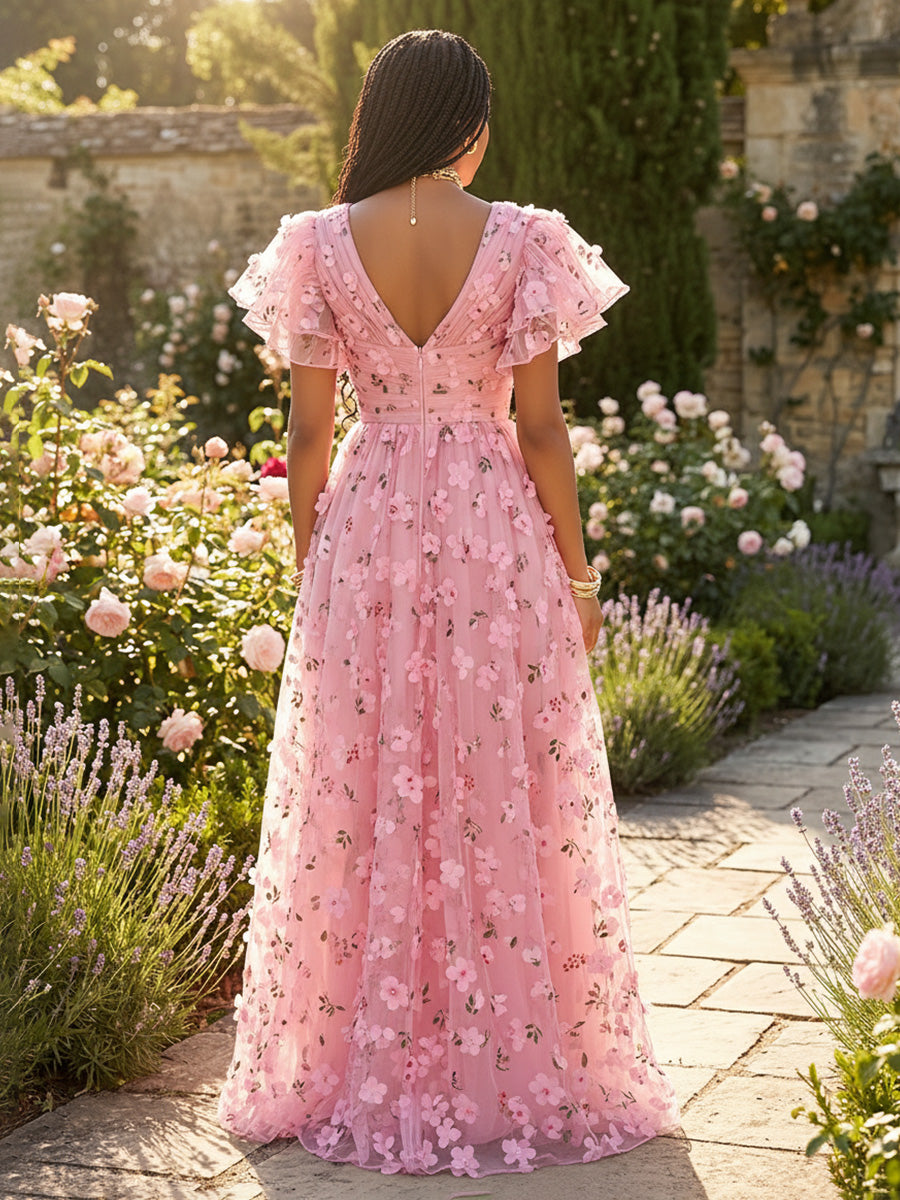 Tulle A Line V Neck Pleats 3D Flowers Formal Dresses