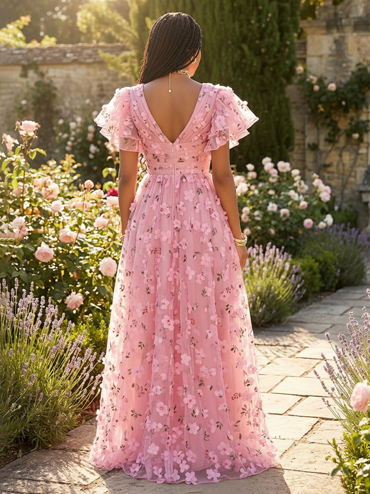 Tulle A Line V Neck Pleats 3D Flowers Formal Dresses