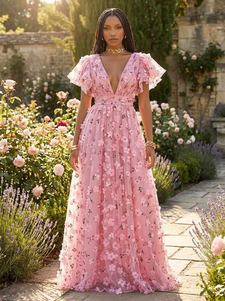 Tulle A Line V Neck Pleats 3D Flowers Formal Dresses