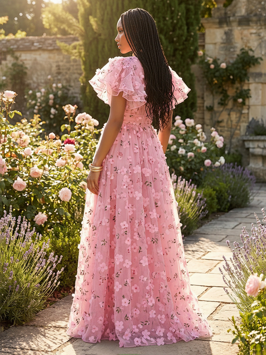 Tulle A Line V Neck Pleats 3D Flowers Formal Dresses