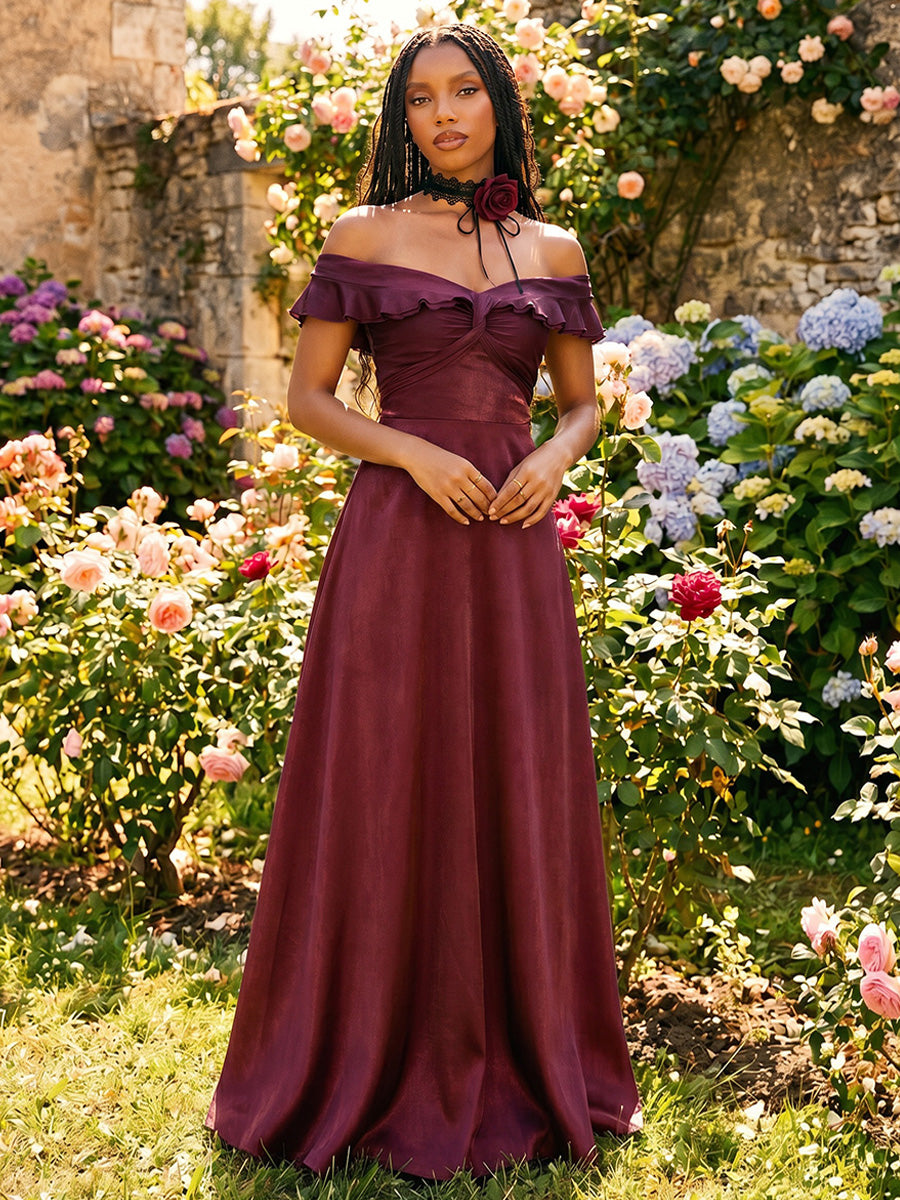 Stretch Mesh A Line Off the Shoulder Ruffles Pleats Formal Dresses