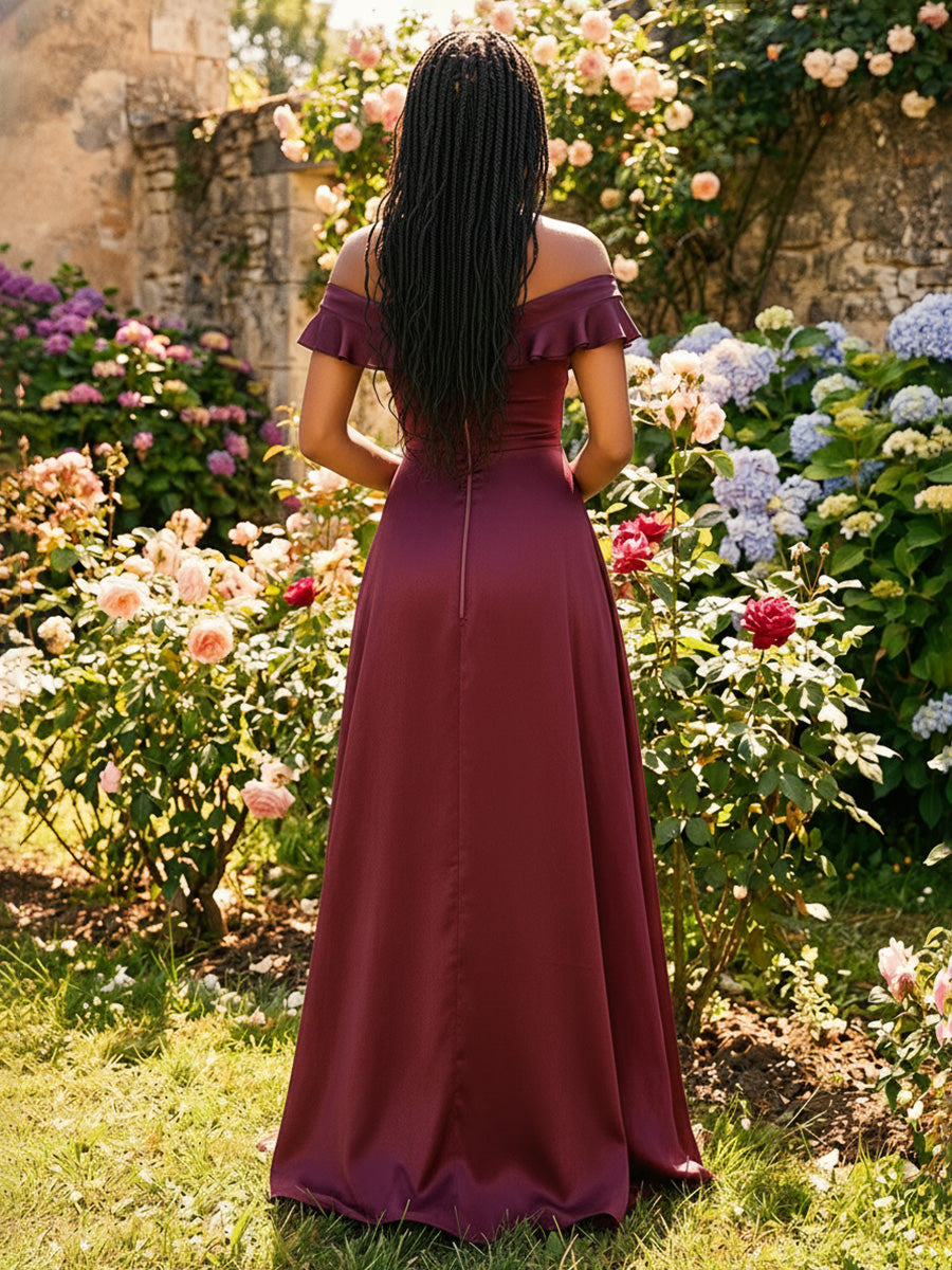 Stretch Mesh A Line Off the Shoulder Ruffles Pleats Formal Dresses