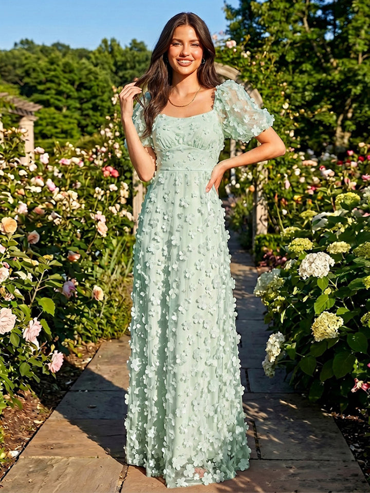 Tulle A Line Square Neck Pleats 3D Flowers Formal Dresses