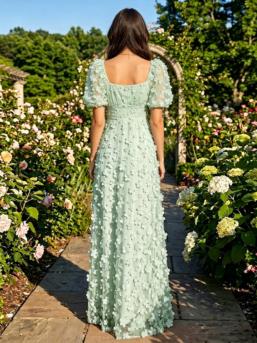 Tulle A Line Square Neck Pleats 3D Flowers Formal Dresses