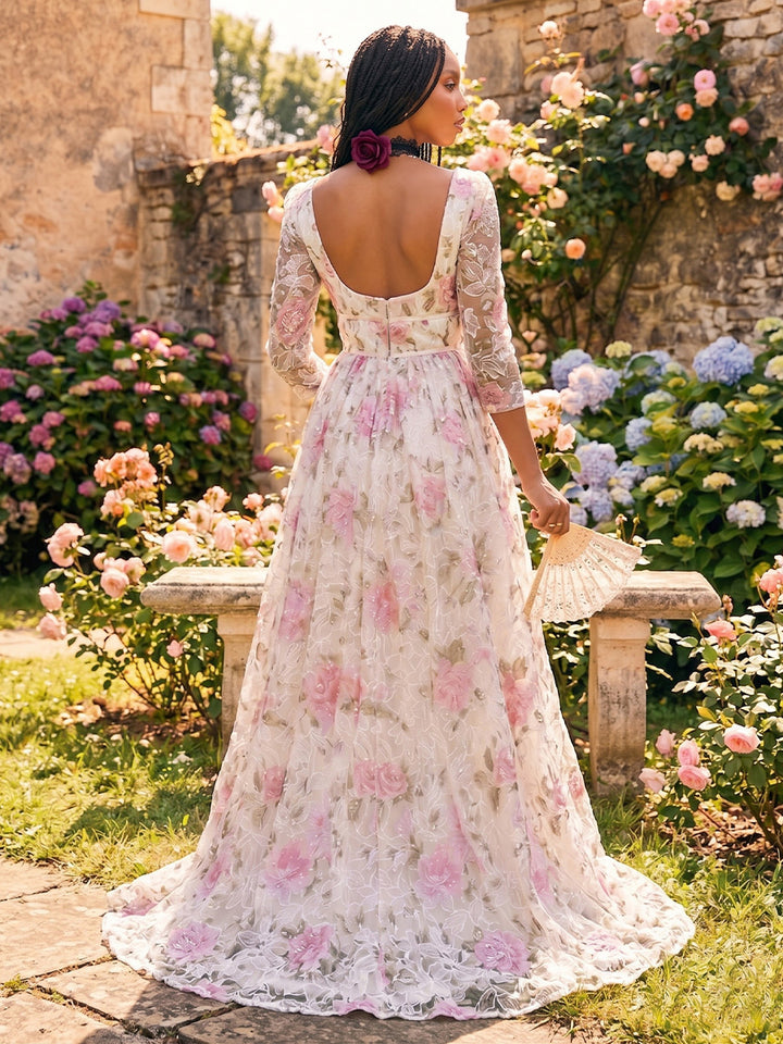 Tulle A Line Square Neck Pleats Floral Print Formal Dresses