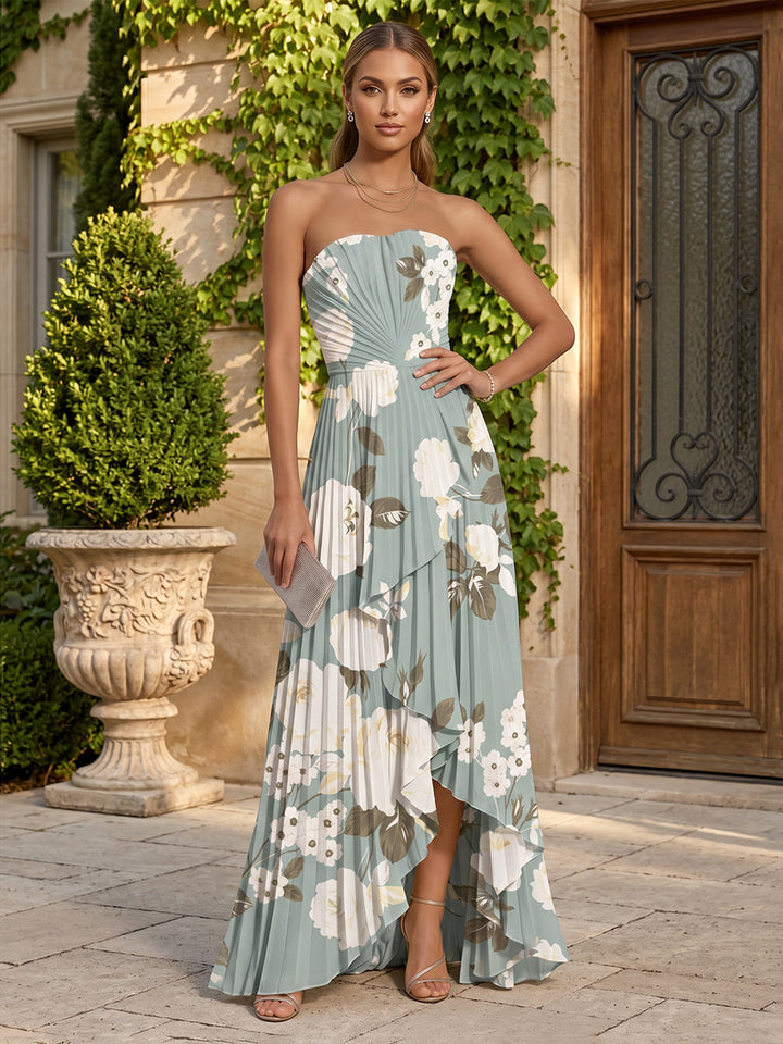 Chiffon A Line Strapless Pleats Ruffles Formal Dresses