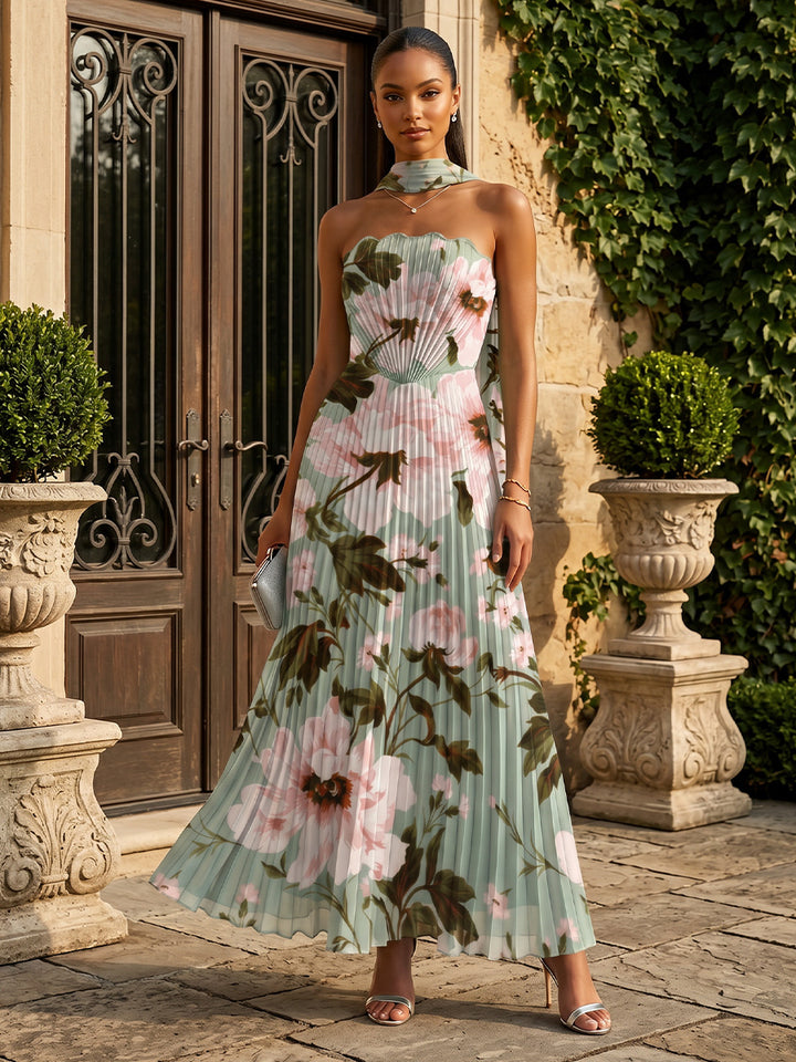 Chiffon A Line Strapless Pleats Scarf Formal Dresses