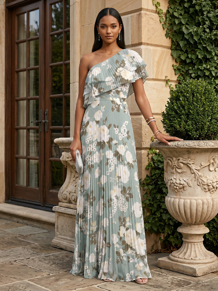 Chiffon A Line One Shoulder Pleats Ruffles Formal Dresses