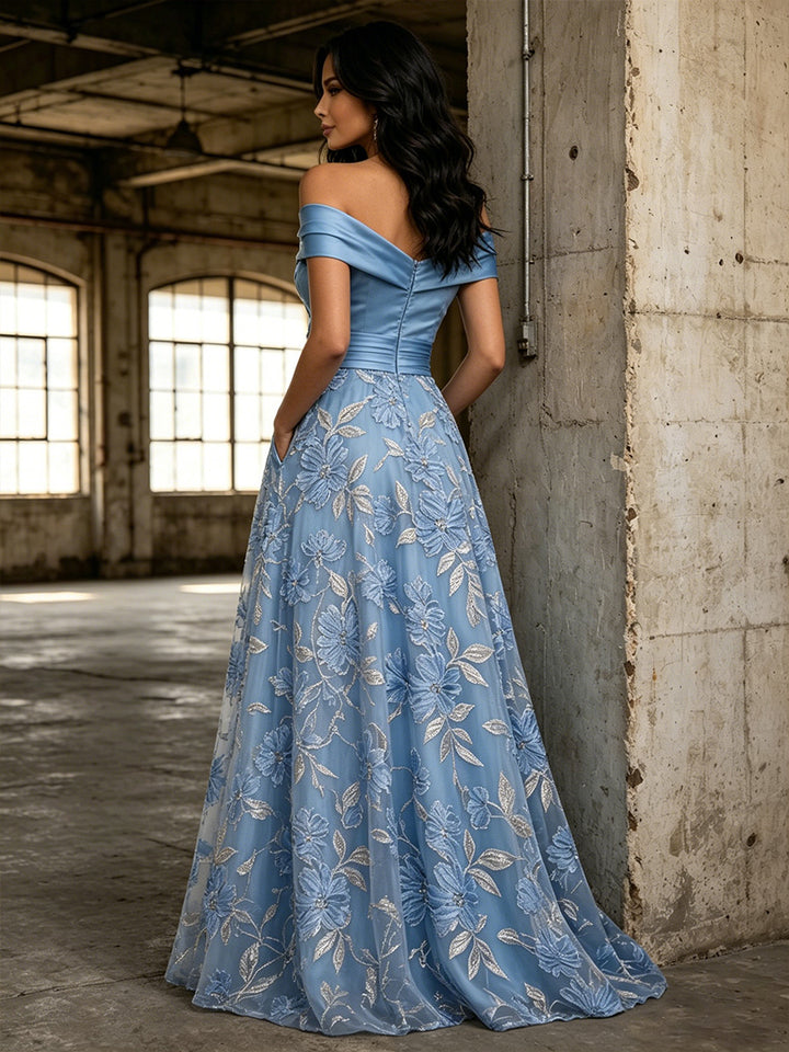 Tulle High Low Off the Shoulder Pocket Ruched Evening Dresses