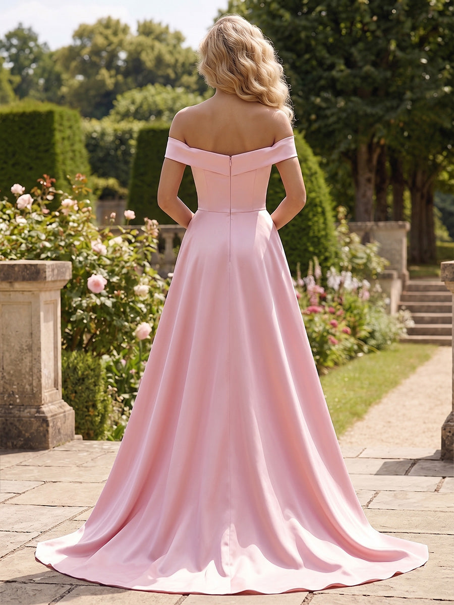 Satin Mermaid Floral Embroidery Off the Shoulder Evening Dresses with Train