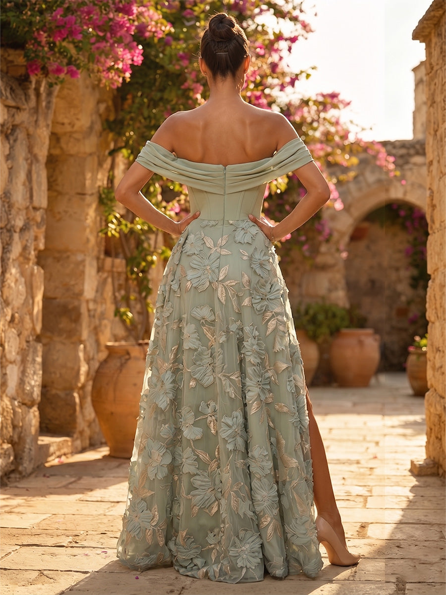 Tulle A Line Off the Shoulder Ruched Corset Evening Dresses with Floral Embroidery