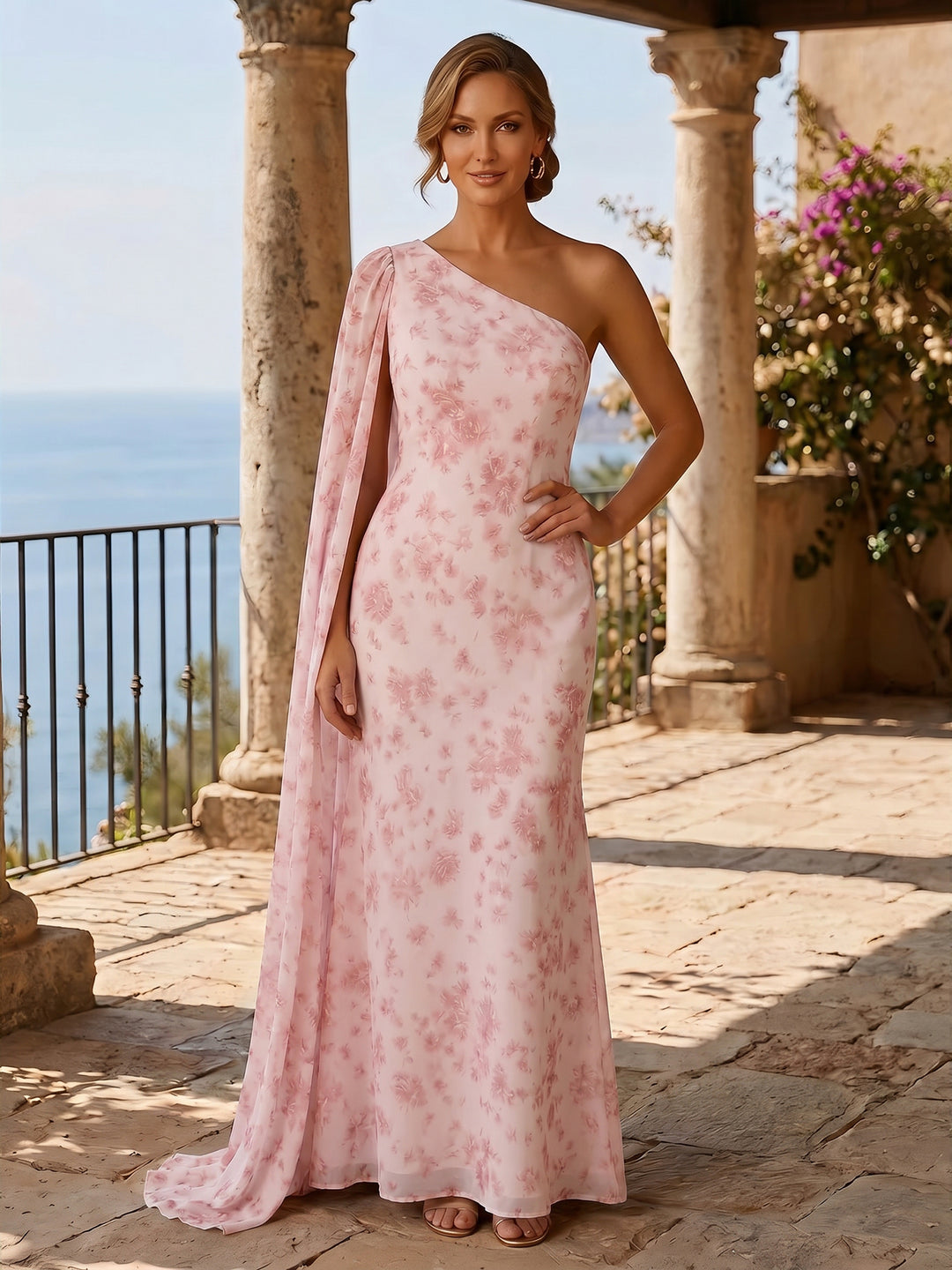 Floral A Line One Shoulder Ruffles Evening Dresses