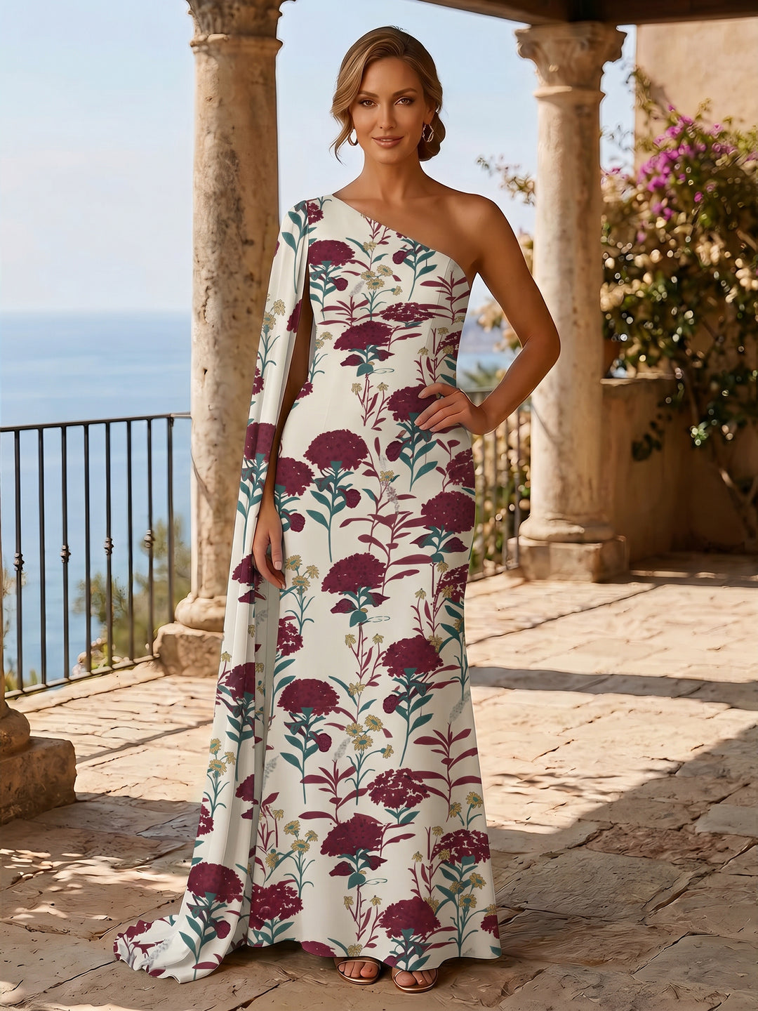 Floral A Line One Shoulder Ruffles Evening Dresses