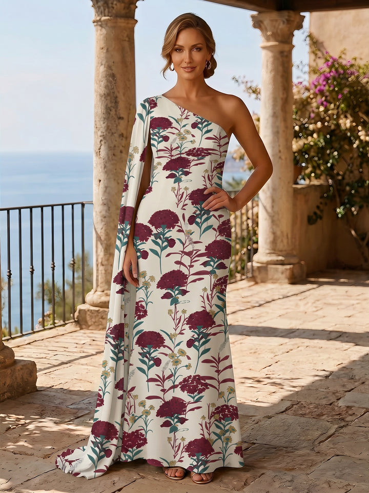 Floral A Line One Shoulder Ruffles Evening Dresses
