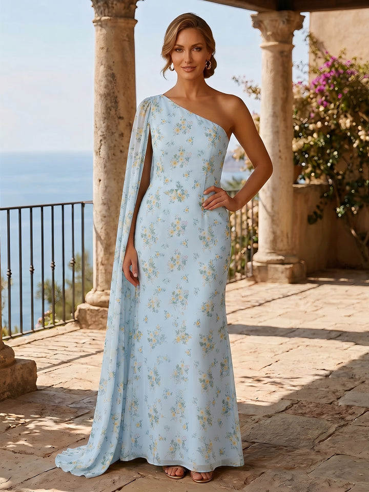 Floral A Line One Shoulder Ruffles Evening Dresses