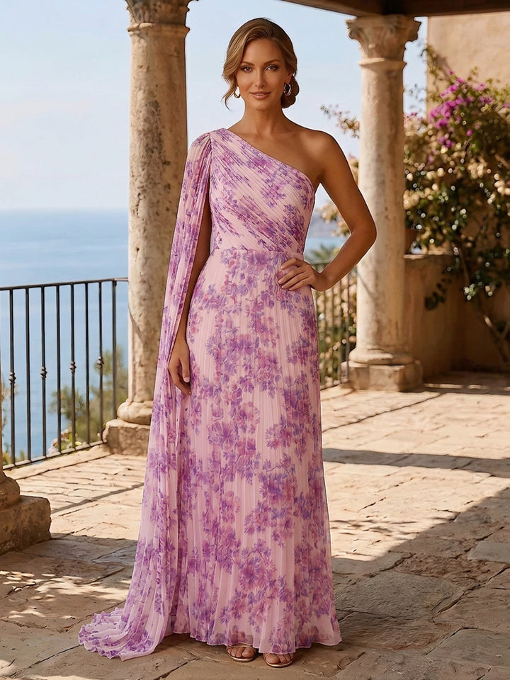 Floral A Line One Shoulder Ruffles Evening Dresses