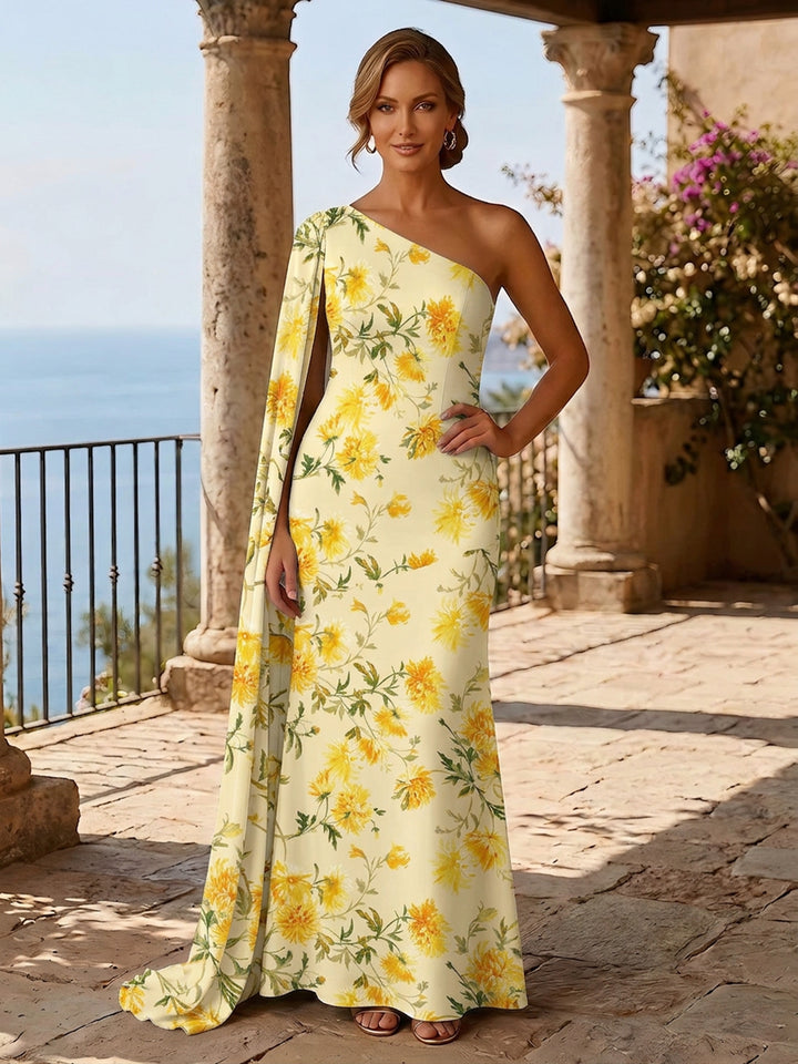 Floral A Line One Shoulder Ruffles Evening Dresses
