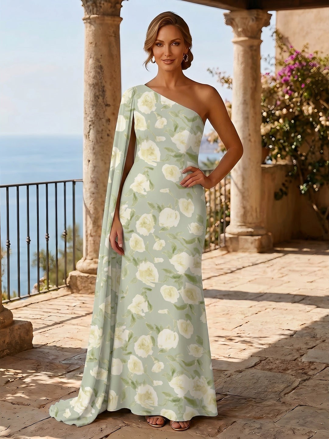 Floral A Line One Shoulder Ruffles Evening Dresses