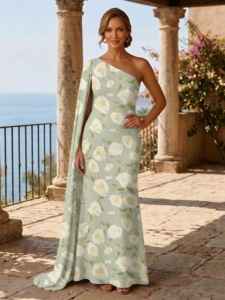 Floral A Line One Shoulder Ruffles Evening Dresses