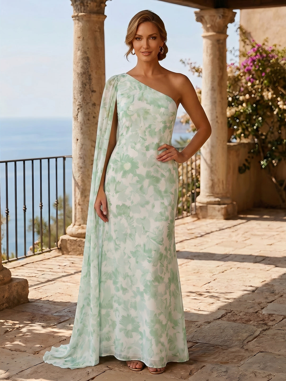 Floral A Line One Shoulder Ruffles Evening Dresses