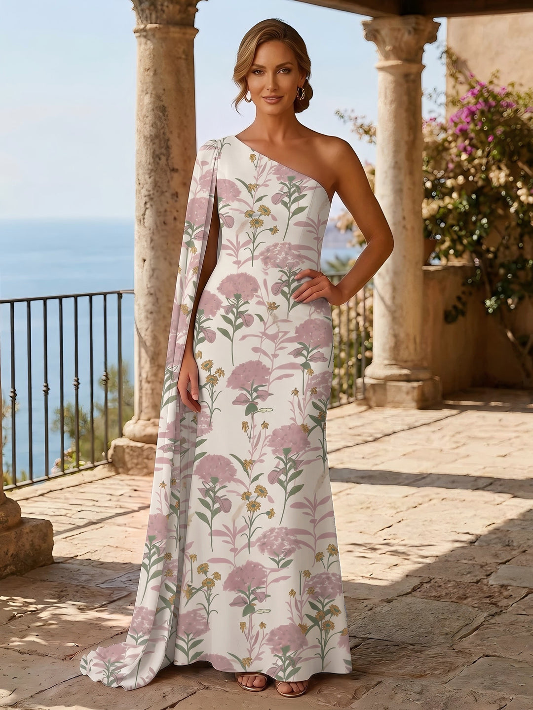 Floral A Line One Shoulder Ruffles Evening Dresses