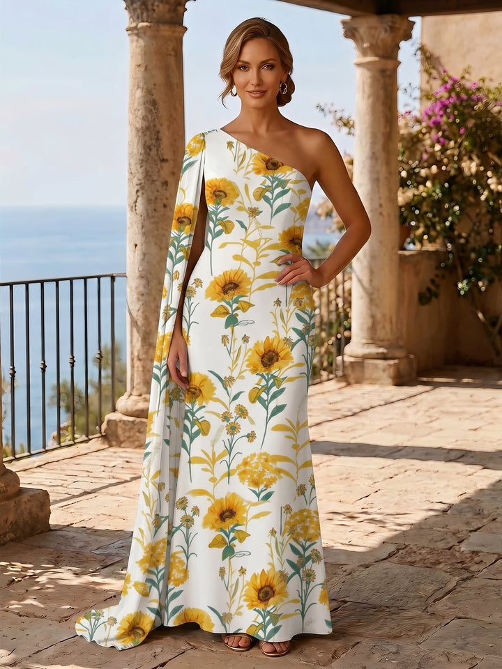 Floral A Line One Shoulder Ruffles Evening Dresses