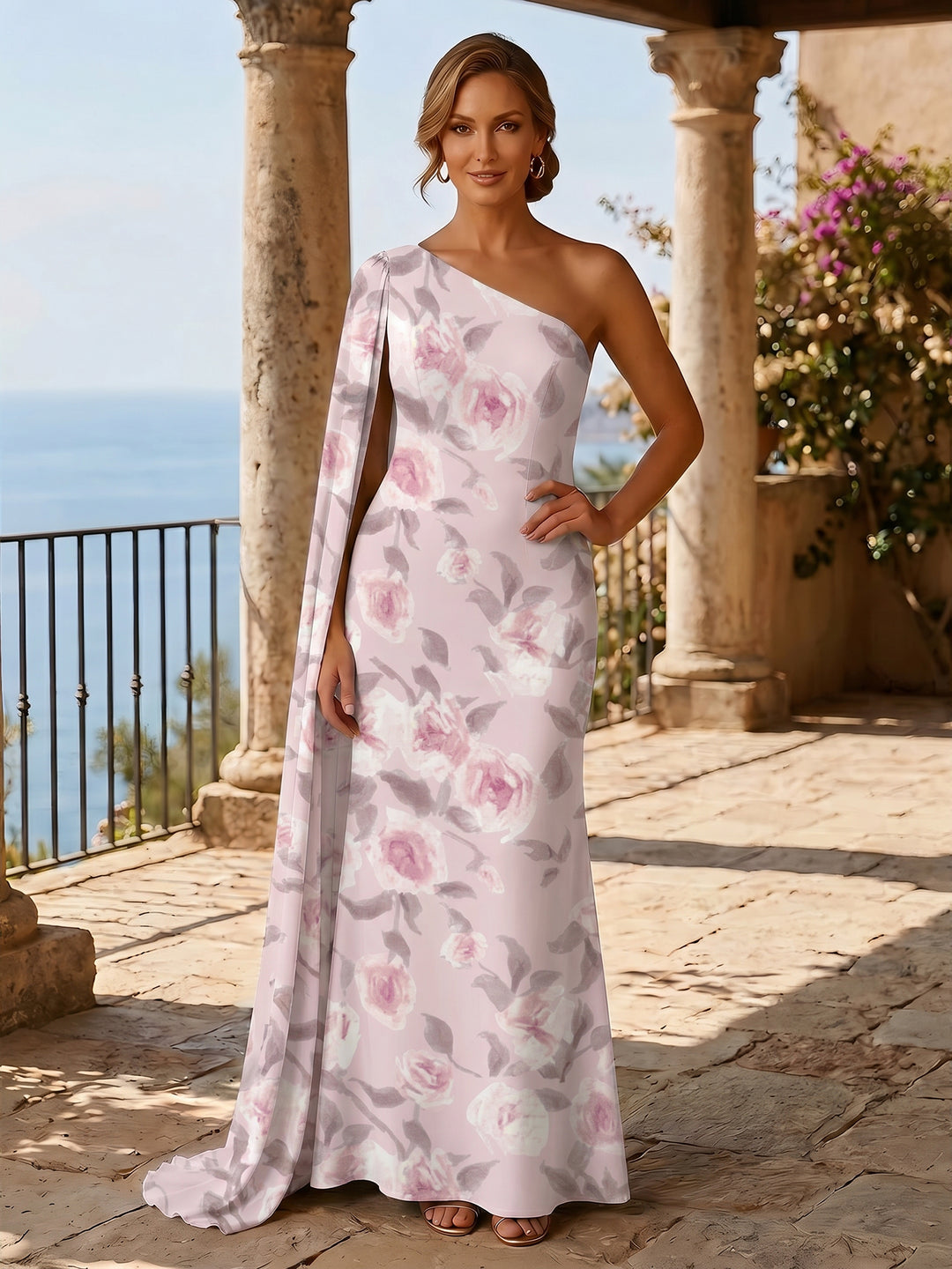 Floral A Line One Shoulder Ruffles Evening Dresses