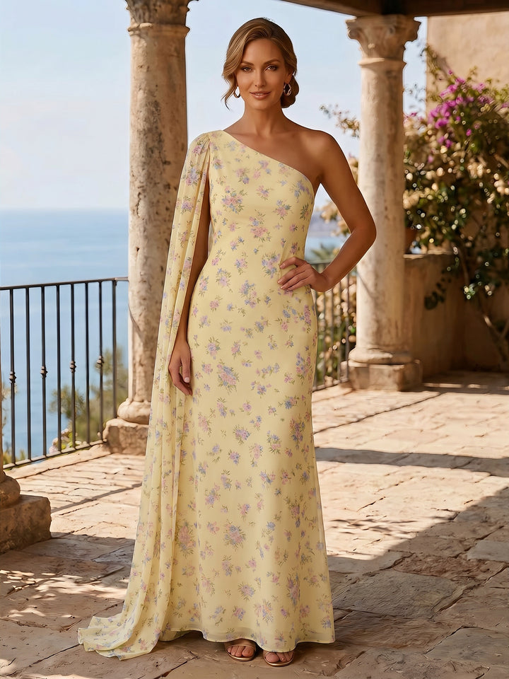 Floral A Line One Shoulder Ruffles Evening Dresses