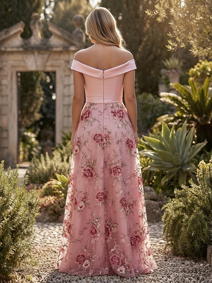 Satin A Line Off the Shoulder Ruched Slit Evening Dresses
