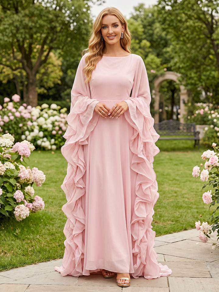 Chiffon A Line Jewel Neck Ruffles Layered Formal Dresses