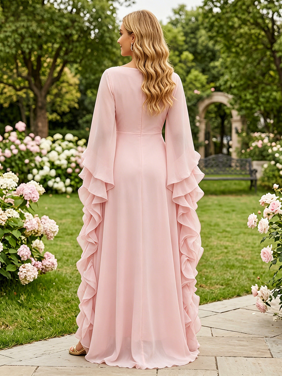 Chiffon A Line Jewel Neck Ruffles Layered Formal Dresses