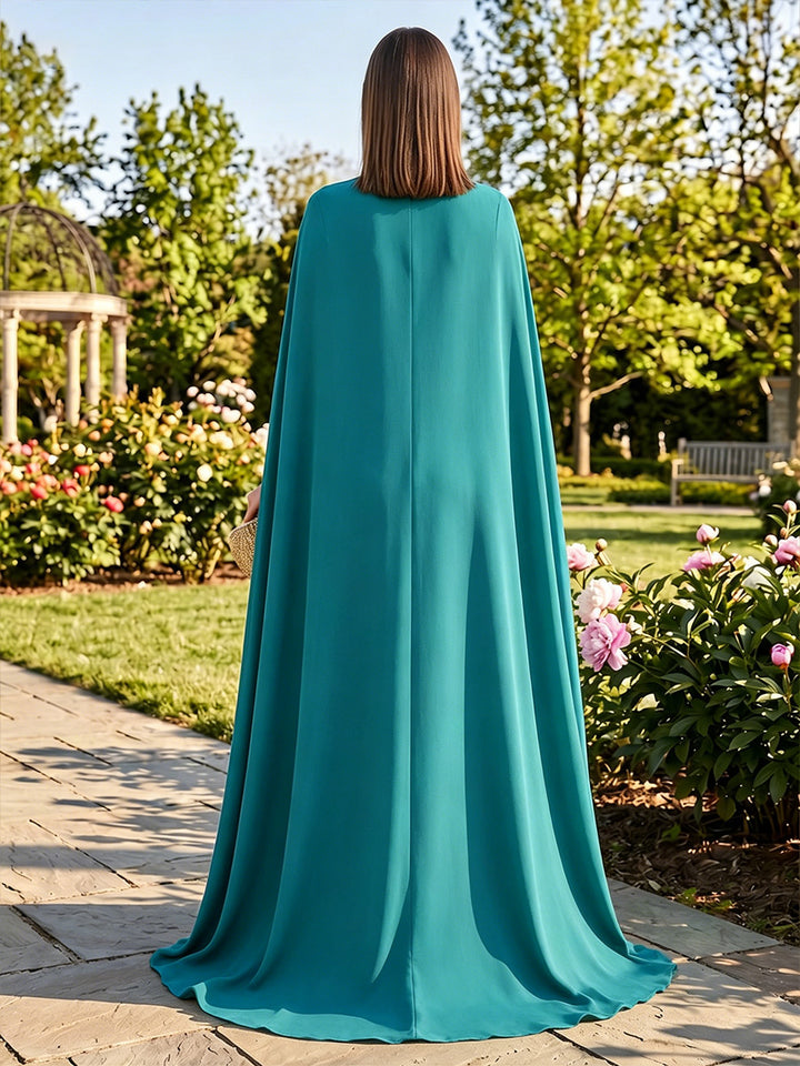 Chiffon A Line V Neck Pleats Cape Formal Dresses