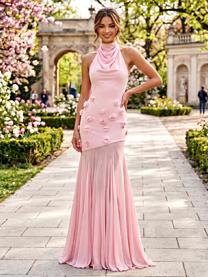 Stretch Mesh Sheath Sheath 3D Flowers Pleats Formal Dresses