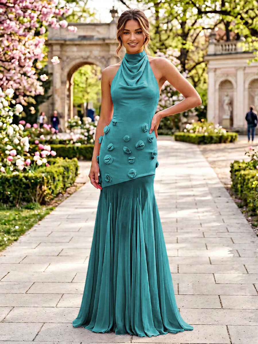 Stretch Mesh Sheath Sheath 3D Flowers Pleats Formal Dresses